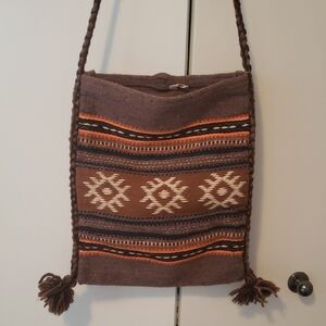 Source Unknown Brown Handwoven Shoulder Bag with Orange Accents